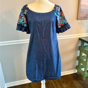 Chambray Embroidered Prairie Dress Ruffled Sleeve Boho Peasant Denim Size 6